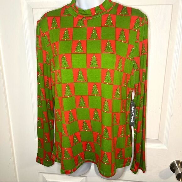 Modcloth Checkered You Got This Mock Nexk Top Knit Christmas Trees Green Red L - Picture 4 of 11